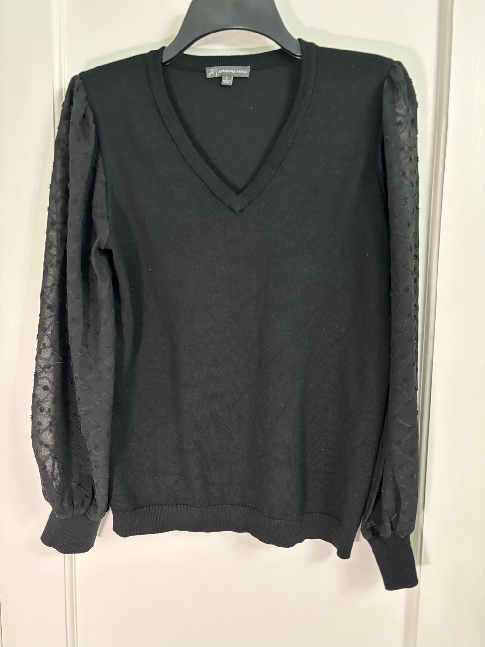 Adrianna Papell Black V-Neck Sweater with Sheer Dot Sleeves